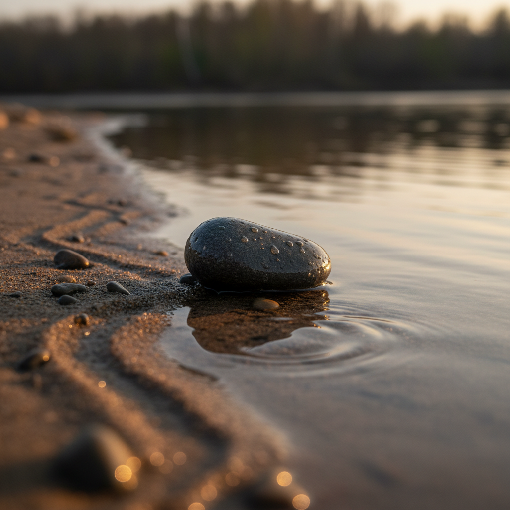 A single, smooth river stone resting at the very edge of a calm river, its surface darkened by a recent touch of water, with tiny droplets still clinging to its textured face. Around it, fine sand and smaller pebbles create subtle patterns, while the water nearby forms delicate ripples. Soft golden-hour sunlight brushes across the scene from the side, casting a gentle, elongated shadow of the stone and creating warm highlights on the wet surfaces. Shot at a low, close-up angle with a shallow depth of field, the background riverbank fades into a soft blur, evoking stillness, reflection, and the quiet strength found in trusting something greater than oneself.