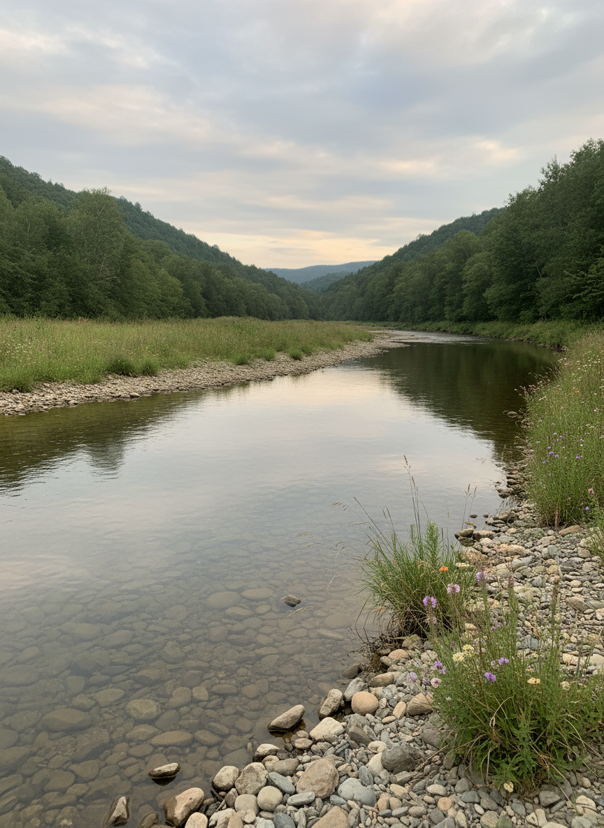 A tranquil, medium-width river winding gently through a lush valley, its surface smooth like glass and reflecting the soft colors of an overcast sky. River stones in muted grays and warm browns line the banks, with tall grasses and wildflowers bending slightly toward the water. Soft, diffused afternoon light removes harsh shadows, creating a contemplative, almost hushed atmosphere. Photographed from a slightly elevated angle with the river leading from the foreground into the distant hills, the composition invites the eye to travel inward, suggesting a quiet journey of spiritual growth and surrender without any overt religious symbols.