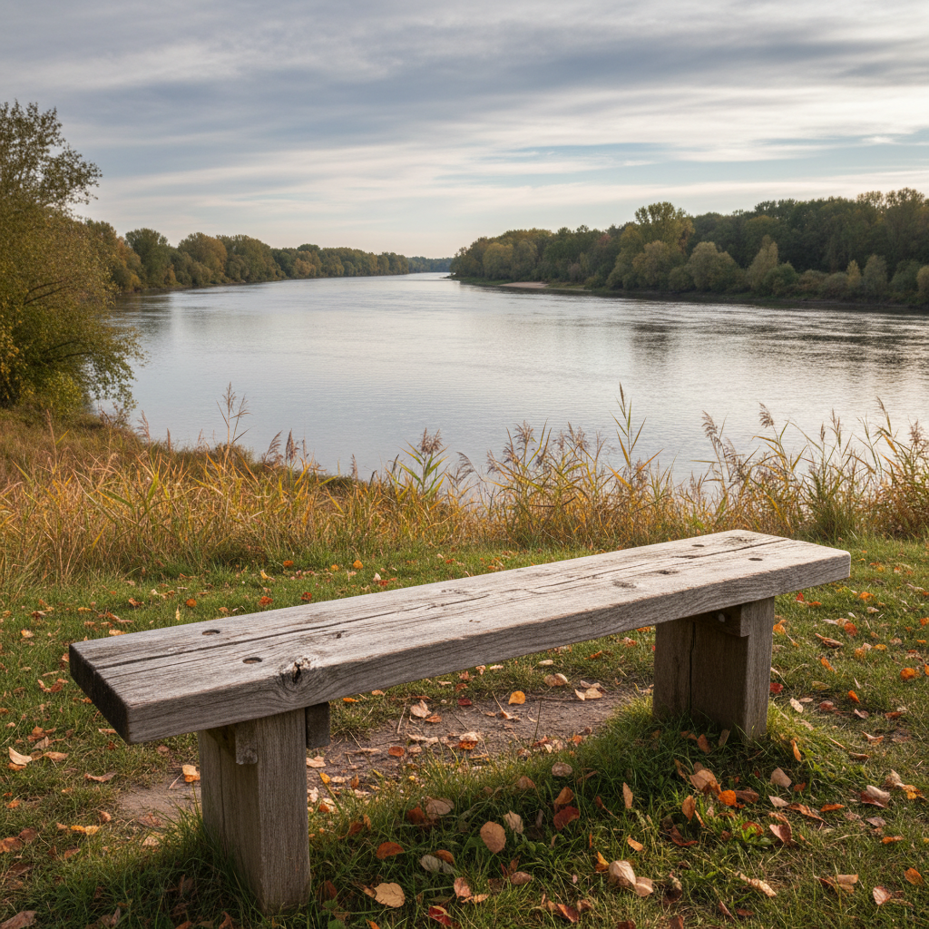 A weathered wooden bench overlooking a broad, slowly moving river, placed on a small grassy rise above the waterline. The bench’s grain is visible, with soft cracks and knots that hint at years of exposure and endurance. Around it, tall reeds sway slightly, and a few fallen autumn leaves collect near the legs. The sky is filled with layered, soft gray clouds, and diffused late-afternoon light creates a muted, introspective palette of greens, browns, and silvers. Photographed at eye level with the bench in the foreground and the river stretching into the distance, the composition feels open and inviting, suggesting a place of prayerful reflection and learning to rely on unseen currents.