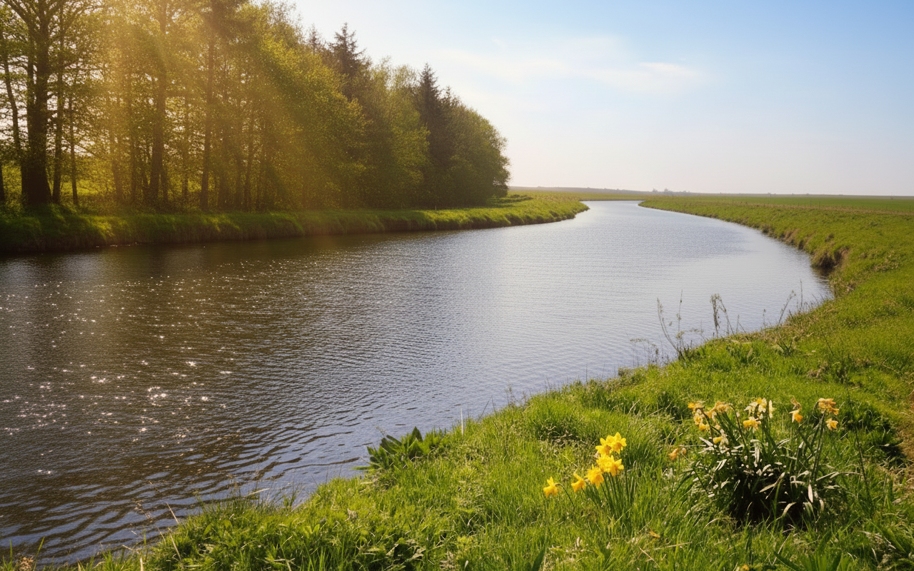 The River Nith in Scotland. Calm flowing blue water with lush green grassy banks. Daffodils in the foreground on the right. Open sky at the top meeting green rolling fields in the background. A natural line of tall green Scottish trees runs along the entire left side of the image from top to bottom. Beautiful warm golden sunlight filters through the tree branches on the left side, casting dappled rays of light across the water and the grassy banks. The sunlight creates a warm, ethereal, heavenly glow with visible light beams streaming through the leaves. Peaceful and serene.
